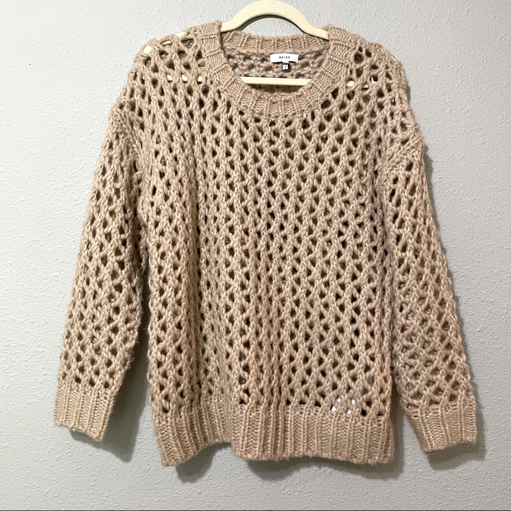 Reiss Tan Chunky Open Knit Pullover Crew Neck Sweater XS
